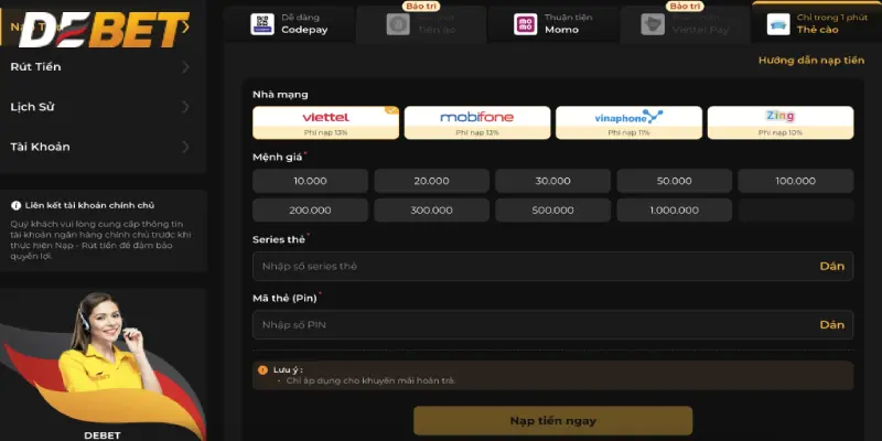 Mỗi lần nạp tiền Debet hãy lấy thông mới để chuyển tiền