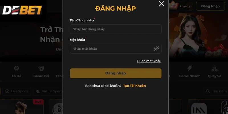 Nhập thông tin tài khoản đăng nhập Debet